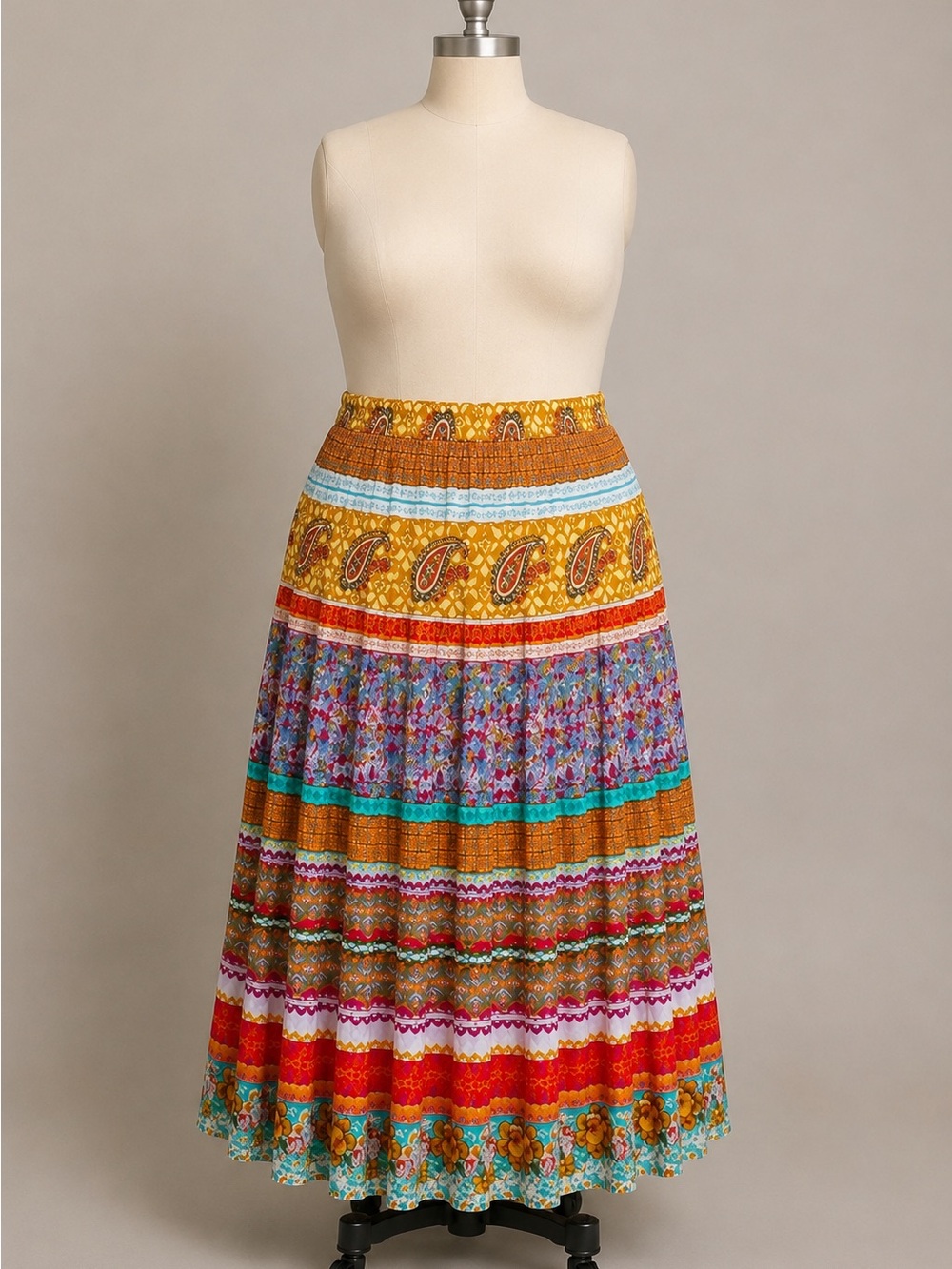 ‎ Multiples Boho Maxi Skirt 2X Colorful Paisley Floral Tiered Pull On Boho Gypsy